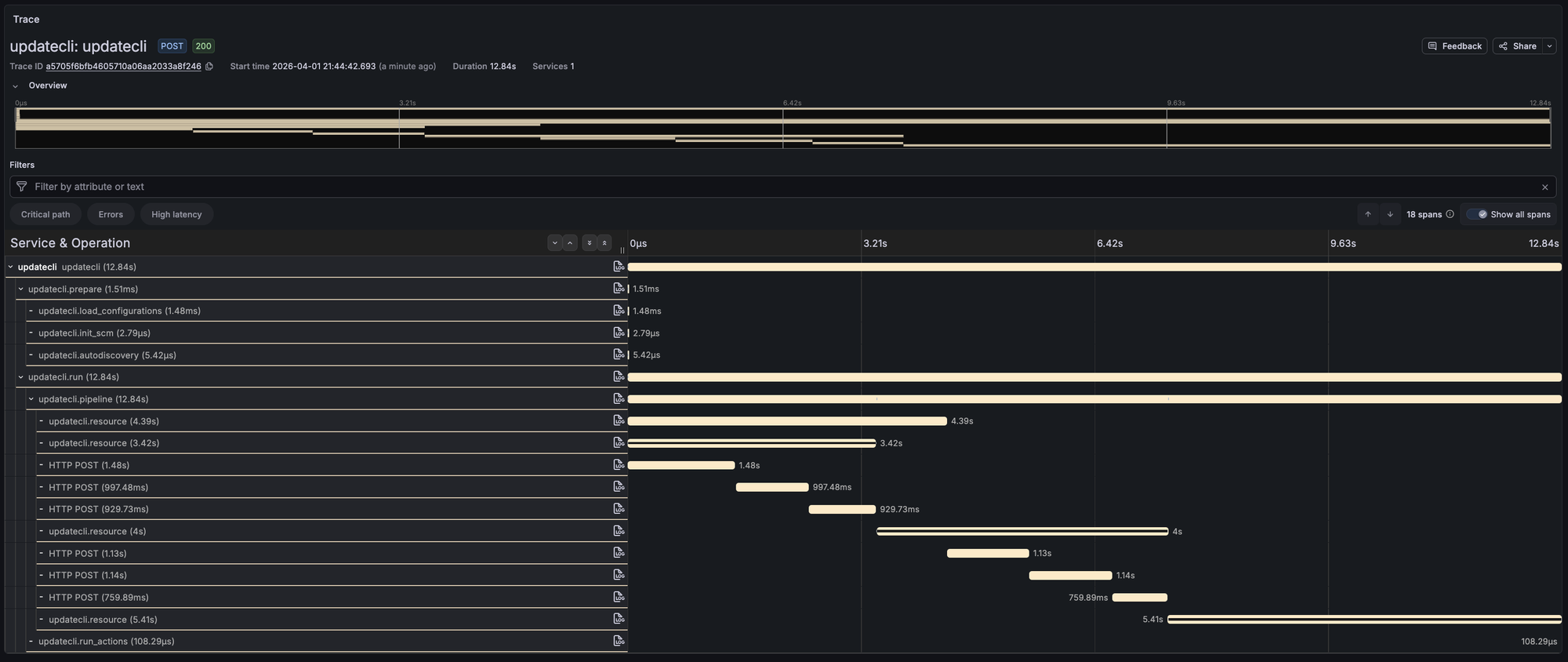 Updatecli trace in Grafana Tempo